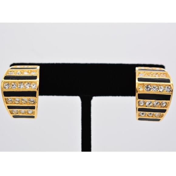 Christian Dior Vintage Crystal Clip Earrings Rhinestone Black Gold Signed BinAI - Picture 1 of 12